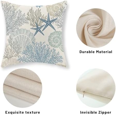 Nautical Coastal Pillow Covers 20x20 Set of 2 Blue Beach Themed Ocean Seashell - Image 7