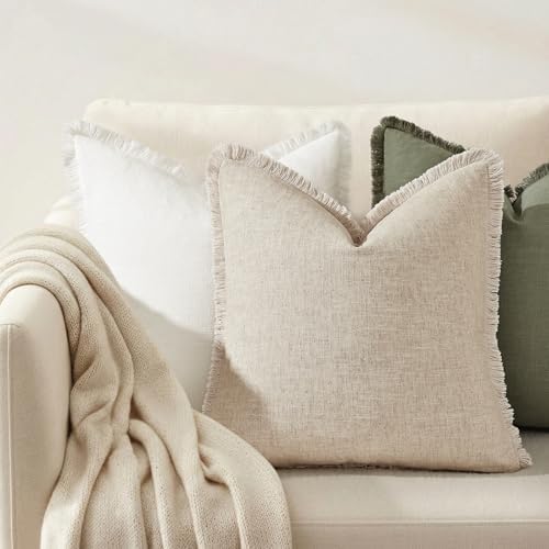 decorUhome Linen Fringe Natural Beige Throw Pillow Covers 26x26 Set of 2 - Image 7