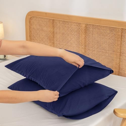 BESTOUCH Washed Cotton Pillowcases Linen Feel Navy Blue King - Image 4