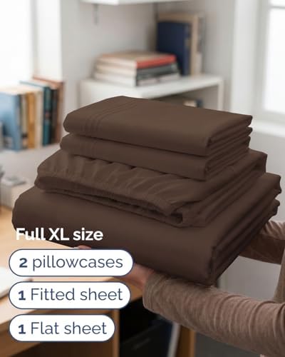 Full XL Sheets - 4 Piece Full XL Sheet Set - Breathable & Cooling - Brown - Image 3