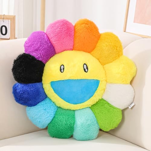 FIONOUT Rainbow Flower Pillow, Smile Face Daisy Plush Cushion, 23.6 Inch by FIONOUT