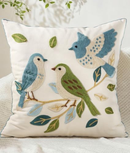 Animal Embroidered Throw Pillow Cover 20x20 Inch, Floral Birds by Kokaaee