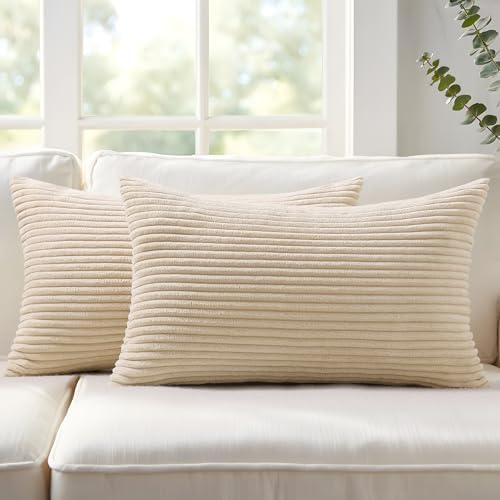 Mecatny Corduroy Fall Decorative Throw Pillow Covers 12x20 Set of 2 Beige by Mecatny