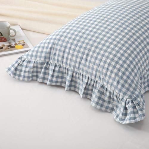 Silnuo Light Blue Plaid Gingham Ruffle Pillow Shams King Size Set of 2 - Image 4