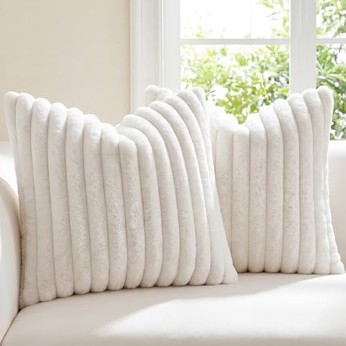 MOSAYT Faux Fur Pillow Covers 18x18 Set of 2, Ultra Soft Fluffy Striped Modern by MOSAYT