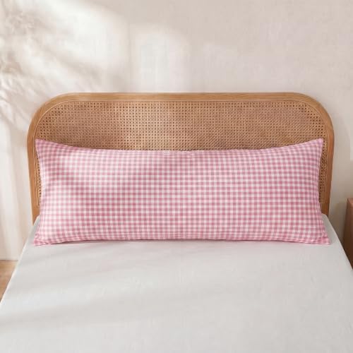 Merryword 100% Cotton Body Pillow Cover, 20 x 54, Cotton Pink Gingham Pillowcase - Image 2