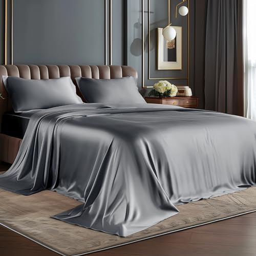 BEDELITE Satin Sheets Queen Size Bed Set, Dark Grey, 4 Pieces by BEDELITE