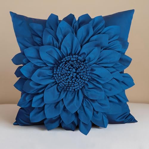 Navy Blue Accent Flower Decorative Throw Pillow Covers - Image 2