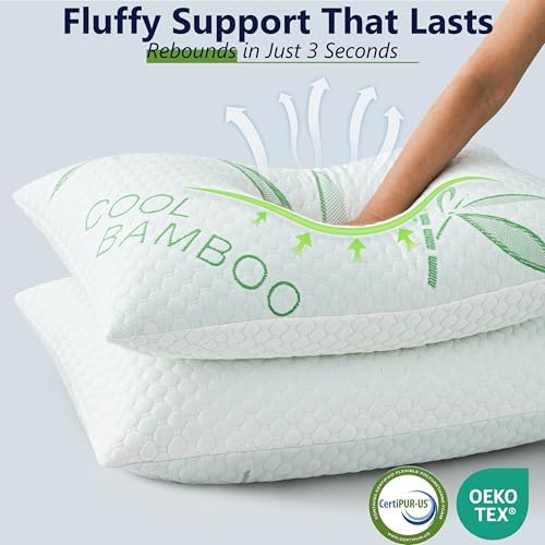 Bamboo Pillows, Cooling Pillows Queen Size Set of 2 Adjustable Firm Memory Foam - Image 4
