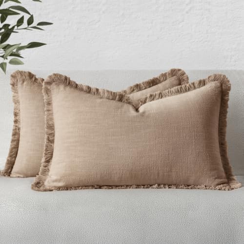 MIULEE Boho Linen Fringe Decorative Lumbar Throw Pillow Covers Camel 12x20 by MIULEE