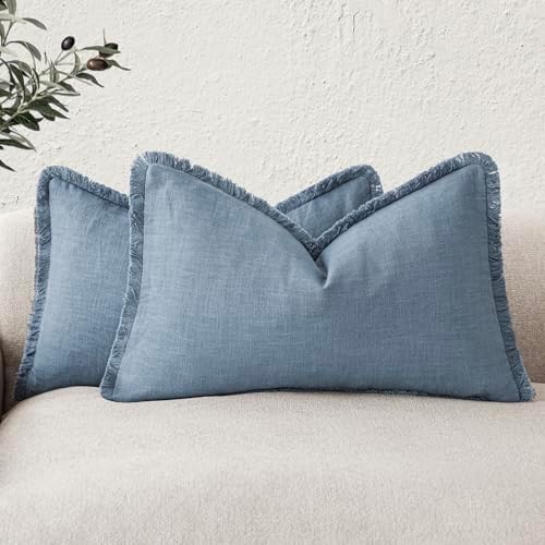 Foindtower Boho Linen Fringe Lumbar Throw Pillow Covers 12×20 Misty Blue by Foindtower
