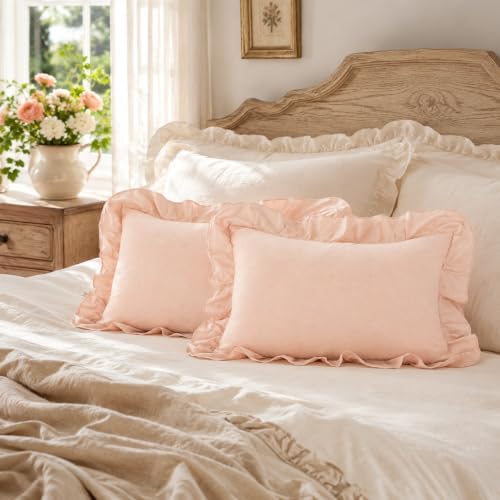JoraLion Ruffled Throw Pillow Cover 12x20 Solid Blush Pink by JoraLion