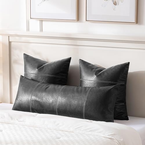 Fancy Homi Black Boho Long Lumbar Faux Leather Decorative Throw Pillow Covers - Image 2