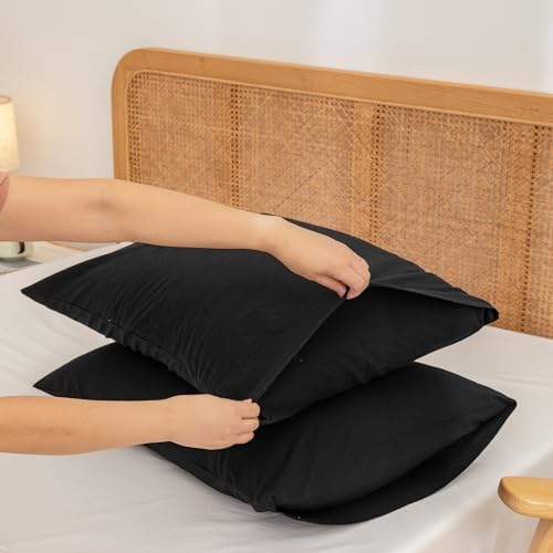 BESTOUCH Washed Cotton Pillowcases Linen Feel Deep Black Standard - Image 3