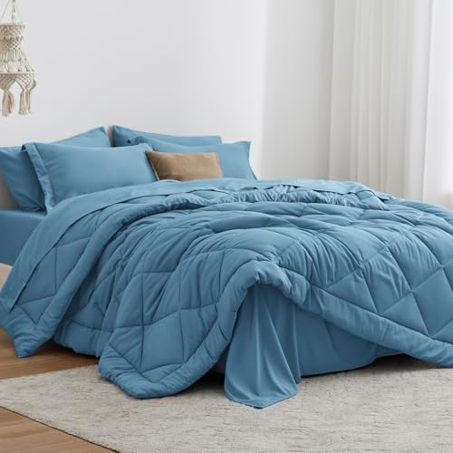 Love's cabin King Size Comforter Set Misty Blue, 7 Pieces King Bed in a Bag by Lovescabin