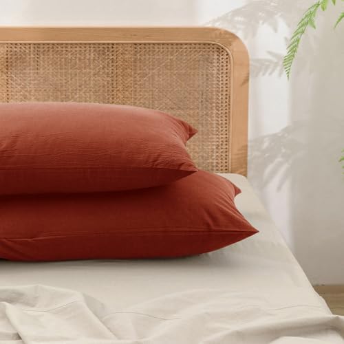 BESTOUCH Washed Cotton Pillowcases Linen Feel Burnt Brick Red King by BESTOUCH