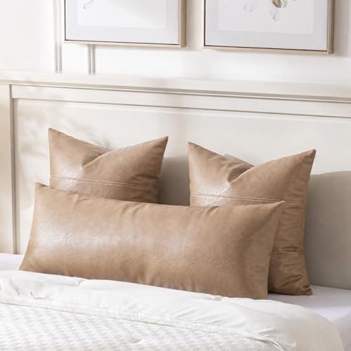 Fancy Homi Tan Boho Long Lumbar Faux Leather Body Decorative Throw Pillow Cover - Image 2