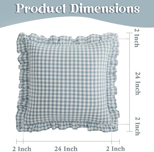 KKJIAF 2 Pcs Ruffle Gingham Pillow Covers 24" x 24", Dusty Blue Plaid - Image 2