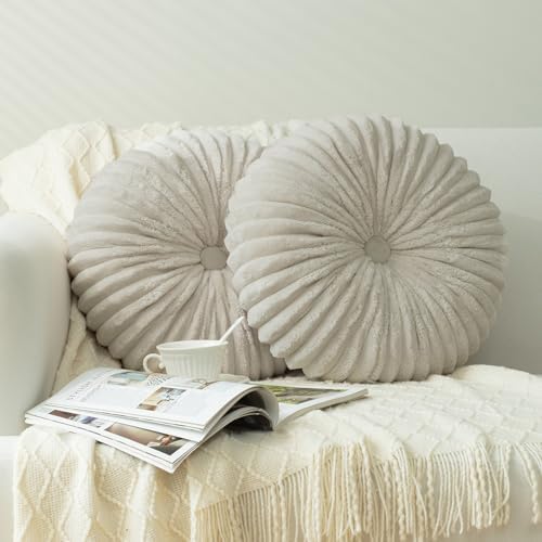 HIG Set of 2 Beige Flannel Decorative Round Pleated Throw Pillows by HIG