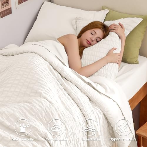 HYMOKEGE Ivory Twin XL Comforter Set Seersucker 5 Pieces, All Season Luxury Bed - Image 2