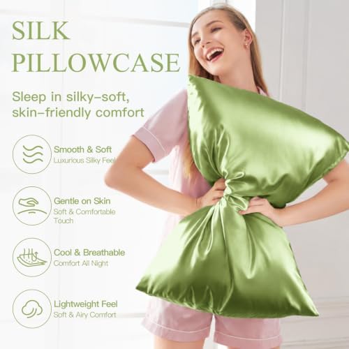 Mulberry Silk Pillow Cases for Hair and Skin, Tea Green - Image 2