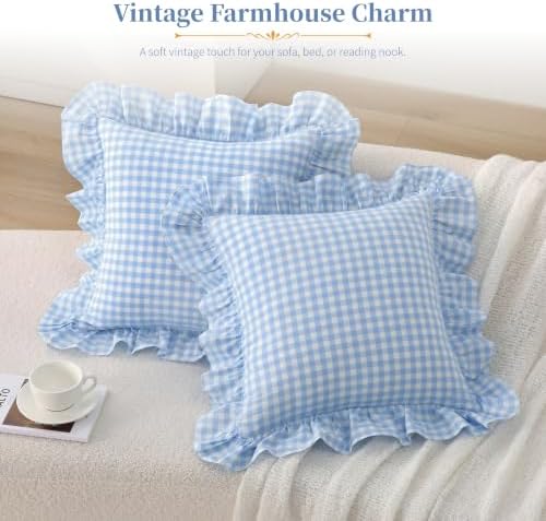 Gingham Throw Pillow Covers 20x20, Sky Blue Plaid, Ruffle Trim - Image 2