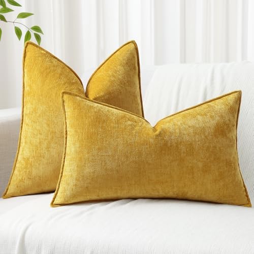 decorUhome Chenille Mineral Yellow Throw Pillow Covers 26x26 Set of 2 - Image 4
