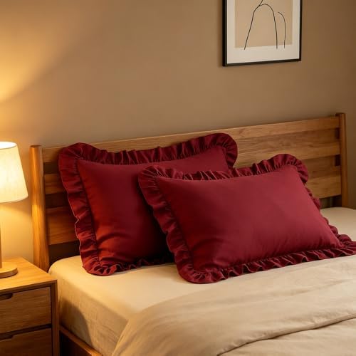Ruffle Pillow Case Queen Size Set of 2, Wine Red - Image 3