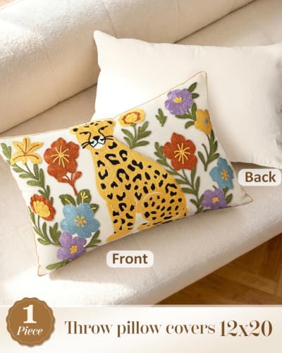 Animal Embroidered Lumbar Pillow Cover 20x12 Inch, Leopard Floral - Image 4