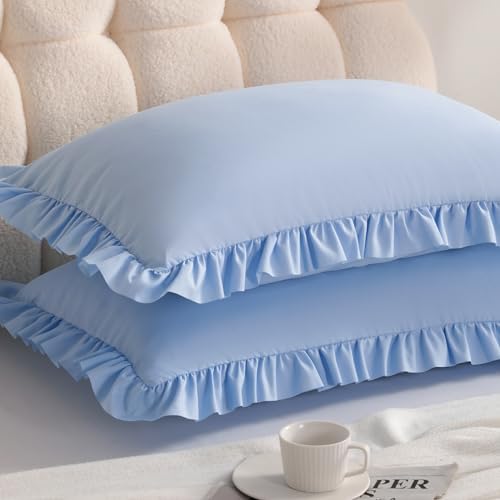 Ruffled Queen Pillow Shams, 2 Pack, 20x30 Inches, Sky Blue by Aerlomi