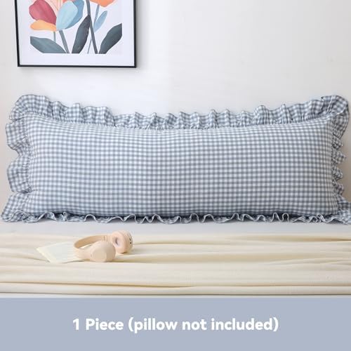Dusty Blue Gingham Body Pillow Cover 20x54, Ruffled Cotton Sham - Image 2