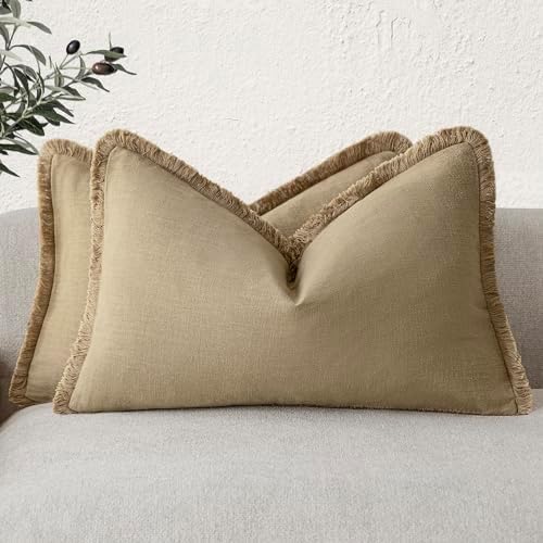 Foindtower Boho Linen Fringe Lumbar Throw Pillow Covers 12×24 Light Khaki by Foindtower