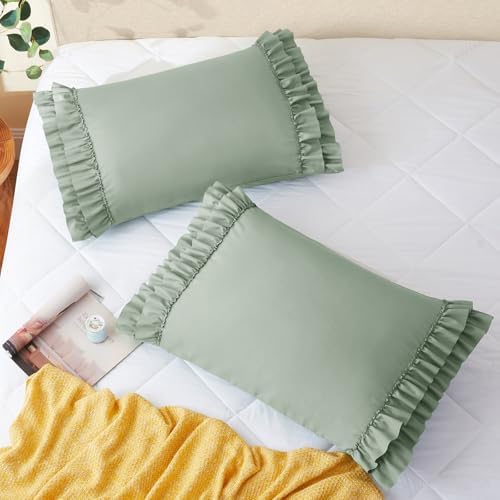 Vonty Sage Green Ruffled Pillow Cases Set of 2, Body Size, 20x54 Inch - Image 3