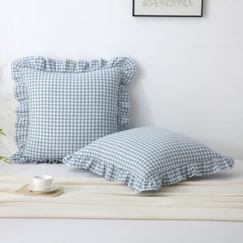Gingham Throw Pillow Covers 24x24, Dusty Blue, Ruffle Trim, 2 Pack - Image 2