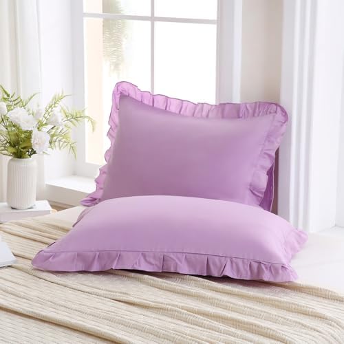 Merryword Lavender Purple Pillowcases King Size Ruffled Pillow Shams Set of 2 - Image 4