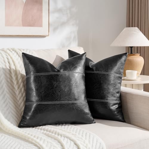 Fancy Homi Black Boho Faux Leather Decorative Throw Pillow Covers 18x18 Inch - Image 2