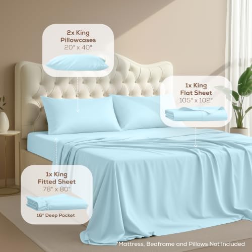 King Sheets Set, 4 Pieces 16" Deep Pocket Hotel Luxury Bed Sheets, Ice Blue - Image 2