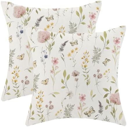 Spring Pillow Covers 20x20 Inch Set of 2, Sage Green Pink Wild Flower Throw by AEIOAE
