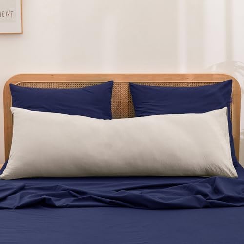 BESTOUCH Washed Cotton Pillowcases Linen Feel Navy Blue Euro - Image 3