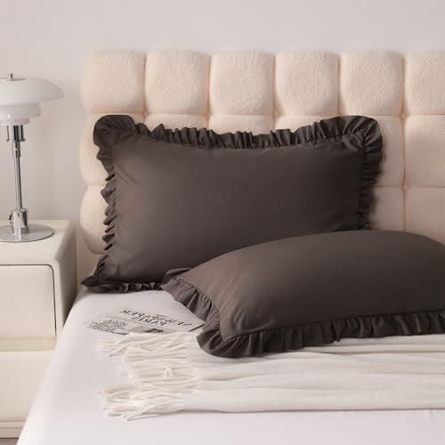 Ruffled Queen Pillow Shams, 2 Pack, 20x30 Inches, Dark Brown - Image 2