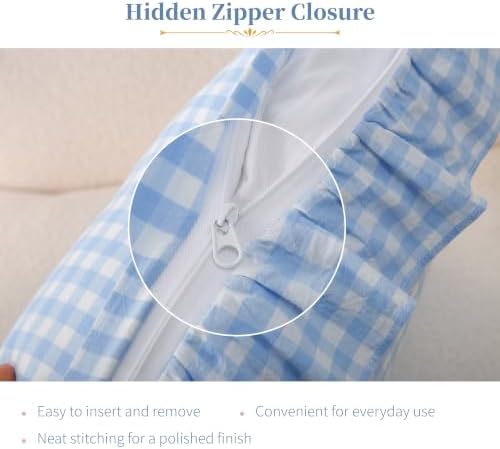 Gingham Throw Pillow Covers 18x18, Sky Blue, Ruffle Trim - Image 6