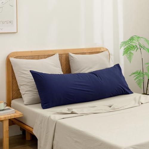 BESTOUCH Washed Cotton Pillowcases Linen Feel Navy Blue Body - Image 2