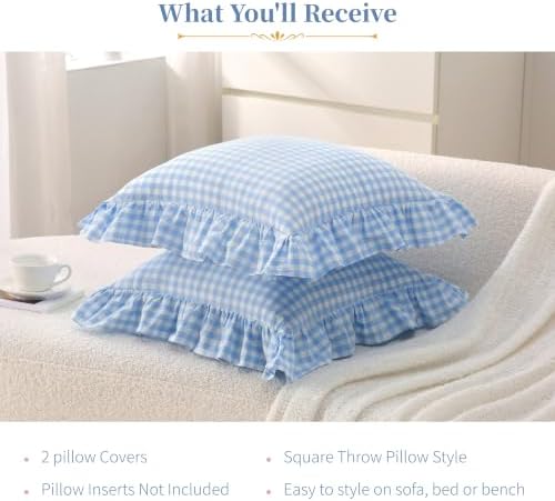 Gingham Throw Pillow Covers 20x20, Sky Blue Plaid, Ruffle Trim - Image 7