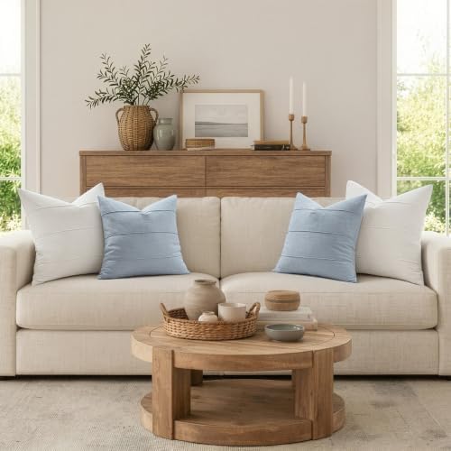 MIULEE Decorative Linen Throw Pillow Covers 18x18 Light Blue Striped - Image 3