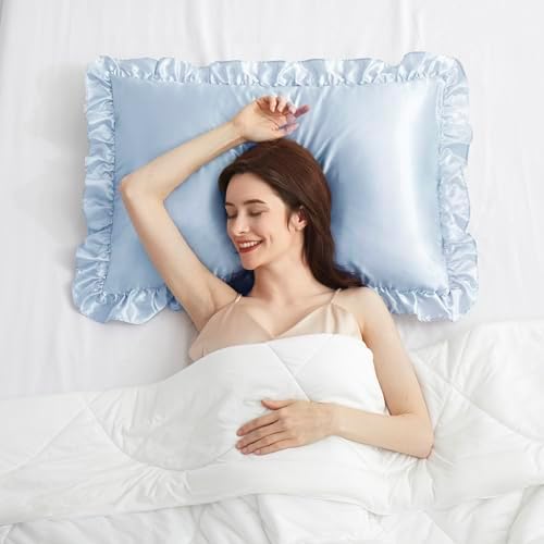 Light Blue Satin Ruffled Pillow Cases - Image 3