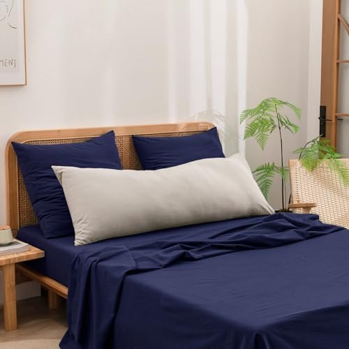 BESTOUCH Washed Cotton Pillowcases Linen Feel Navy Blue Euro - Image 4