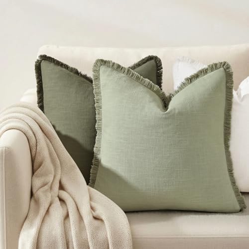 decorUhome Linen Fringe Sage Green Throw Pillow Covers 22x22 Set of 2 - Image 7