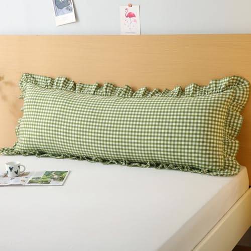 Silnuo Olive Green/White Gingham Ruffled Body Pillow Cover 20"x54" by Silnuo