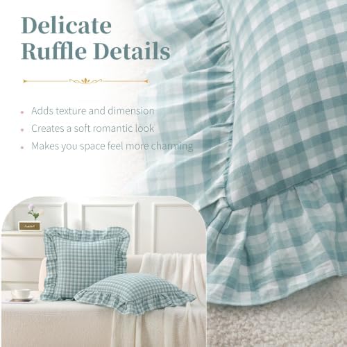 Gingham Throw Pillow Covers 20x20, Seafoam Green, Ruffle Trim - Image 5
