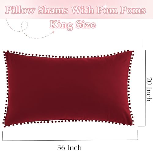 Pom Poms Pillow Shams King Size Set of 2, Burgundy Decorative Pillowcases - Image 3